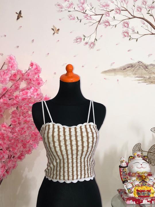 Cami rajut salur cokelat-putih — baju thrift preloved