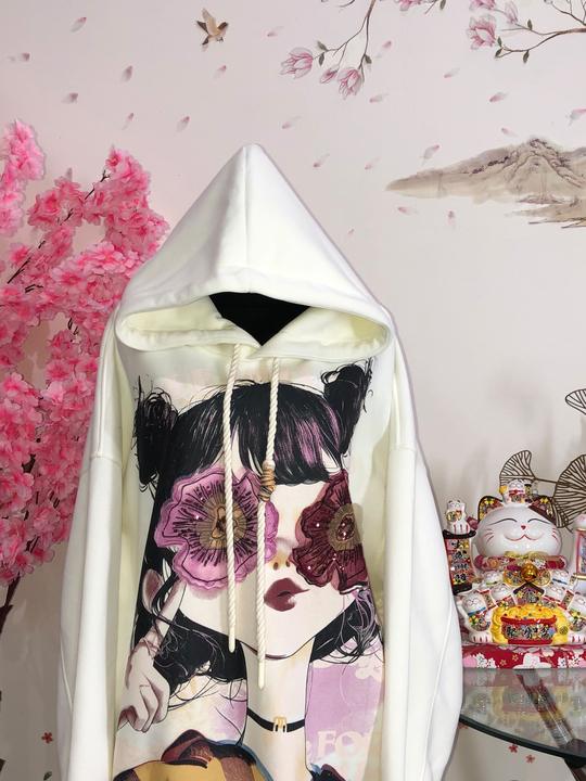 Hoodie oversize print ilustrasi + payet — baju thrift preloved